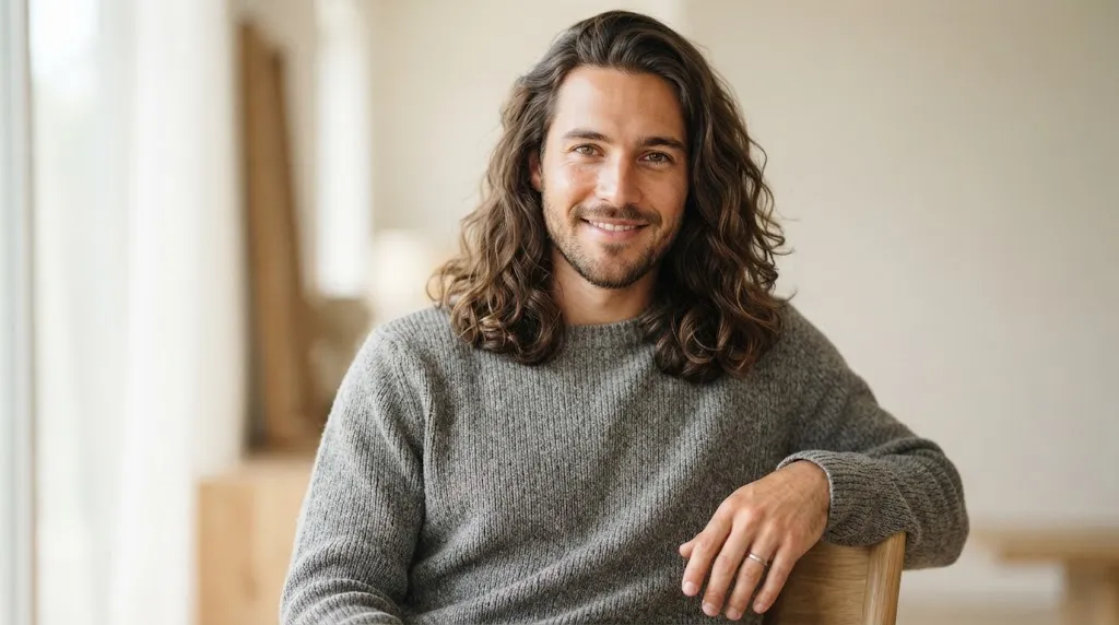 A man with healthy, shiny, and frizz-free long wavy hair showing perfect texture.
