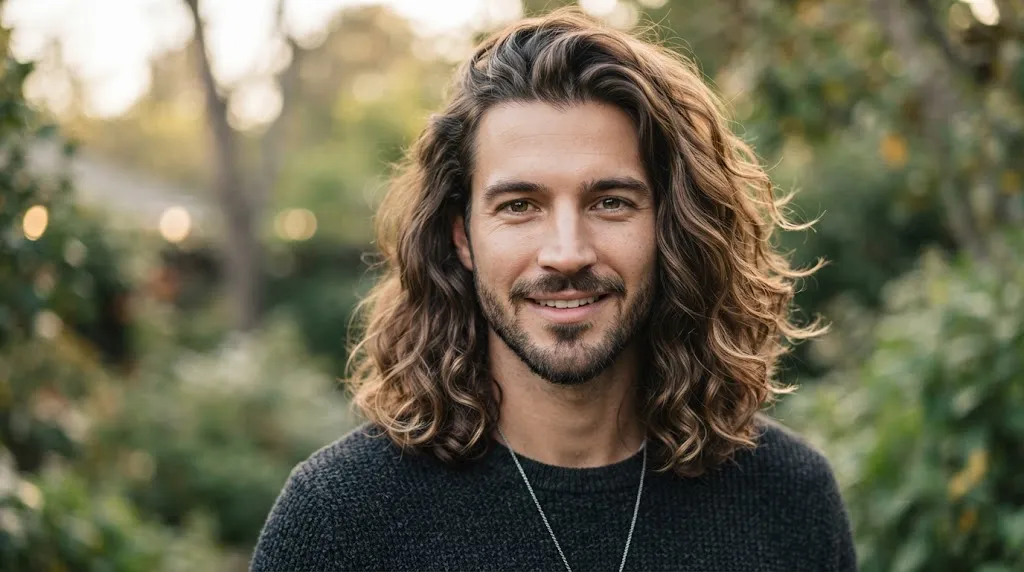 A man with stylish, long wavy hair showing a natural S-shaped wave pattern and healthy volume.