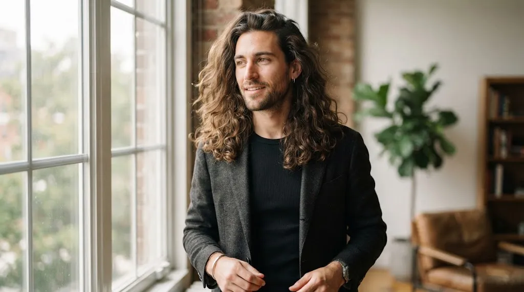 A man with stylish long wavy hair showcasing natural volume and texture.