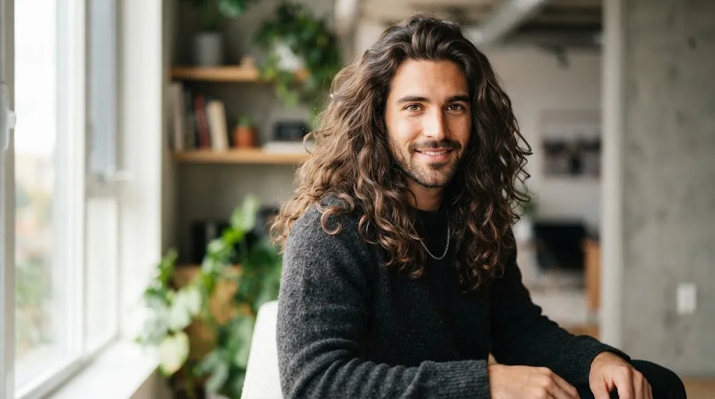 A man with healthy, long wavy hair featuring soft cascading layers for natural volume.