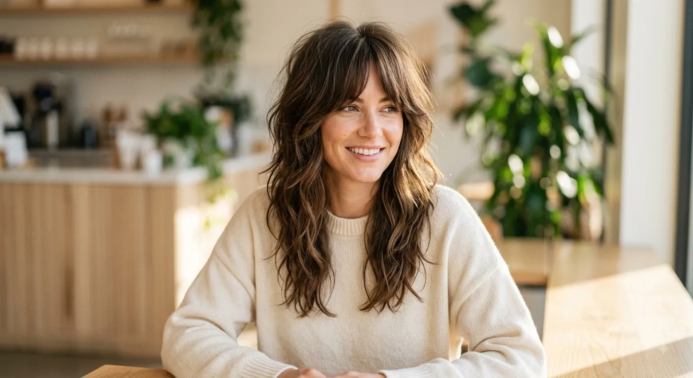 Real portrait of a young woman with a long wavy shag haircut featuring soft messy layers, textured ends, and curtain bangs without text.