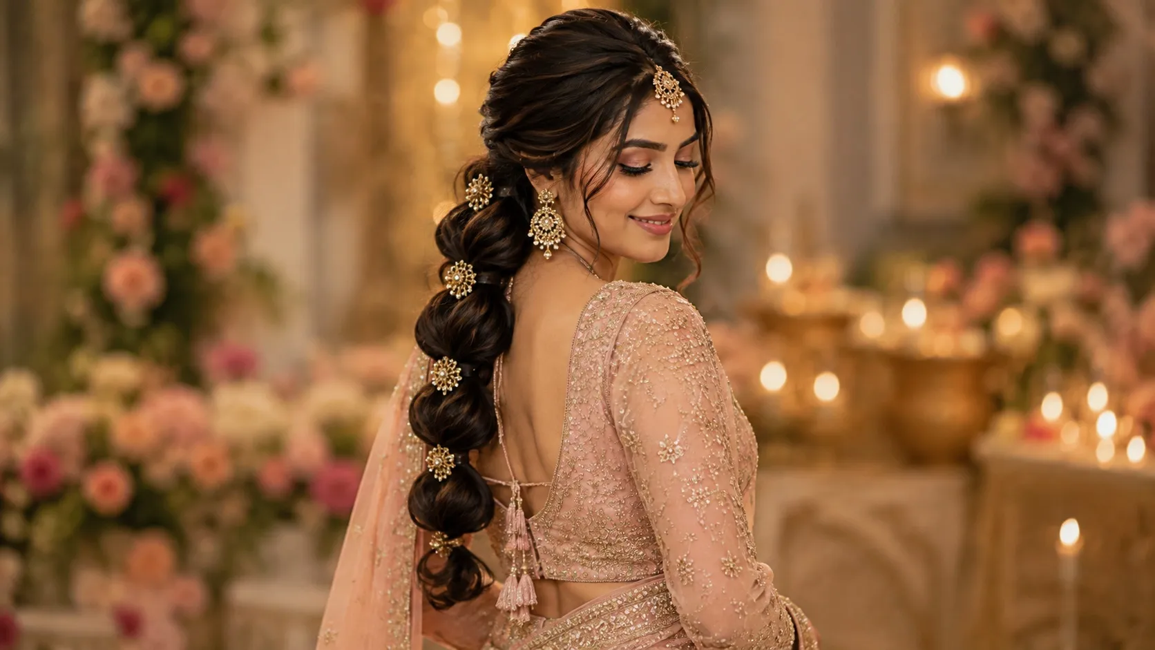 Long hair styled into a thick volume bubble braid decorated with statement floral pins between each segment