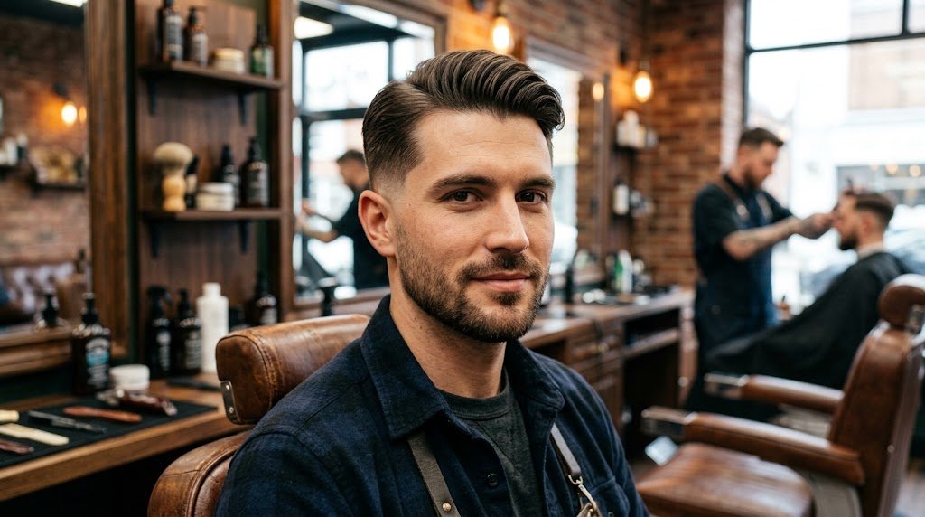 A side profile photo of a handsome man with a low-fade comb over haircut, featuring neatly styled medium length hair on top and a soft taper fade on the sides.