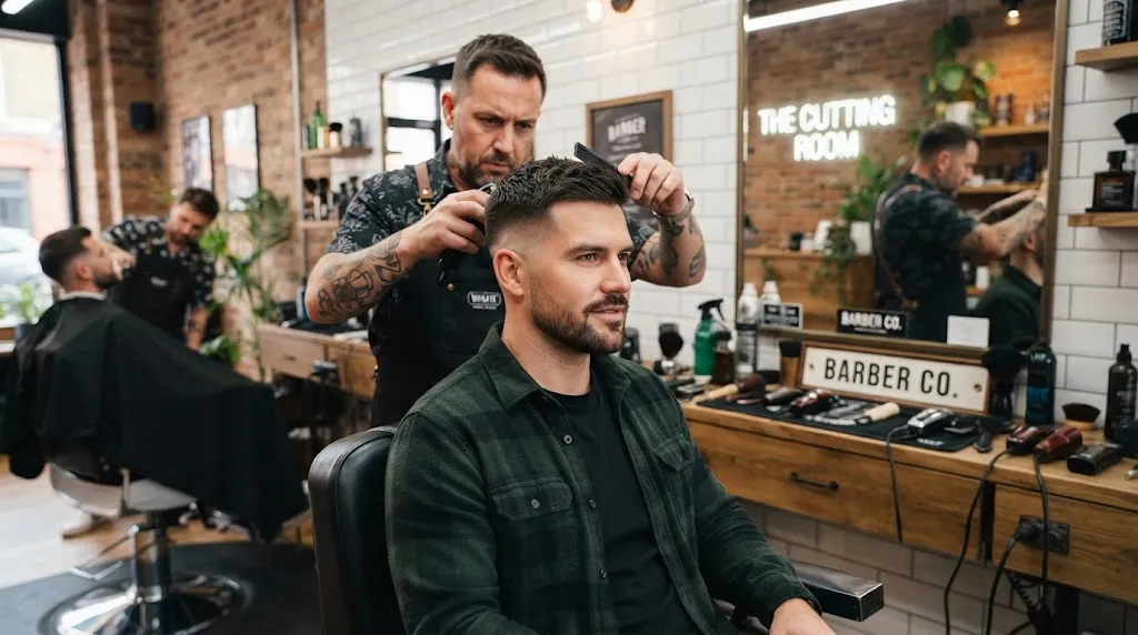 A professional barber styling a clean low fade haircut on a man with a structured square face in a modern barbershop.