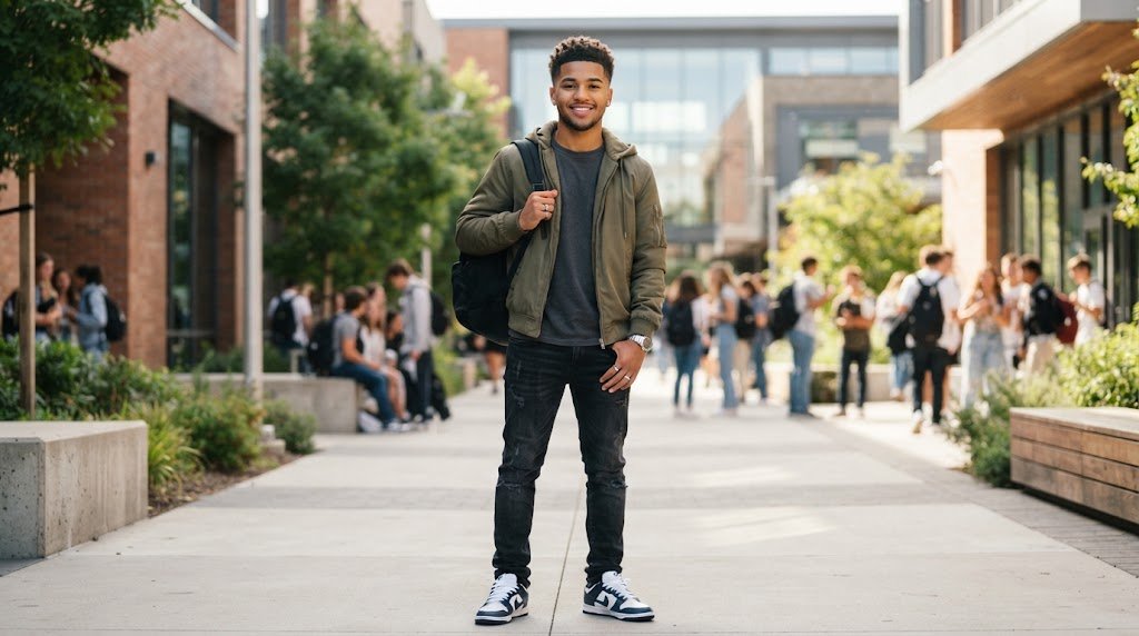 A teenage boy with a trendy, low-maintenance short haircut, styled to complement a long face shape.