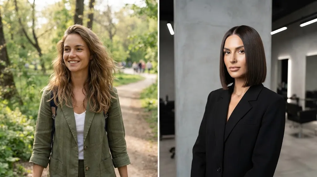 A split-screen photo comparing effortless low-maintenance natural wavy hair with a polished, high-styling precision bob.