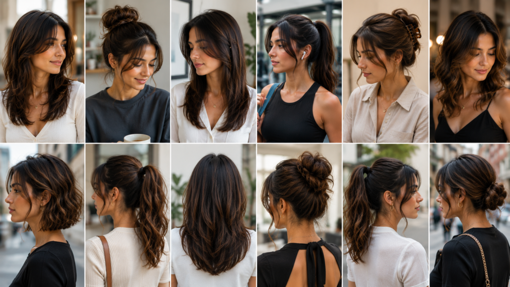 Woman wearing practical everyday hairstyles including loose layers, ponytails, buns, waves and simple updos