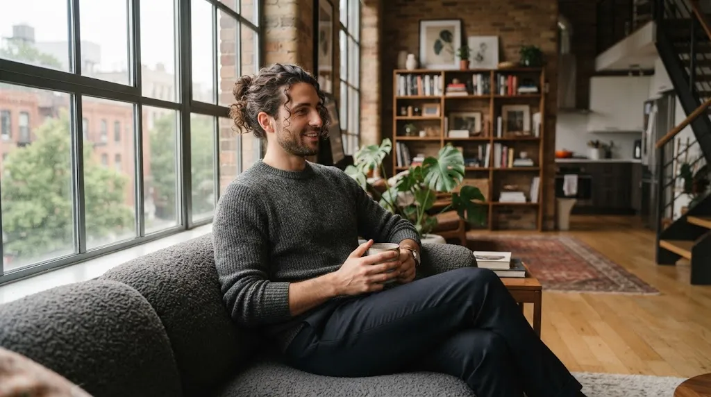 A stylish man with long, defined curly hair tied back into a neat man bun in a modern setting.