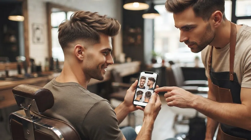 A customer sitting in a barber chair showing multiple haircut reference photos on his smartphone screen to his barber.