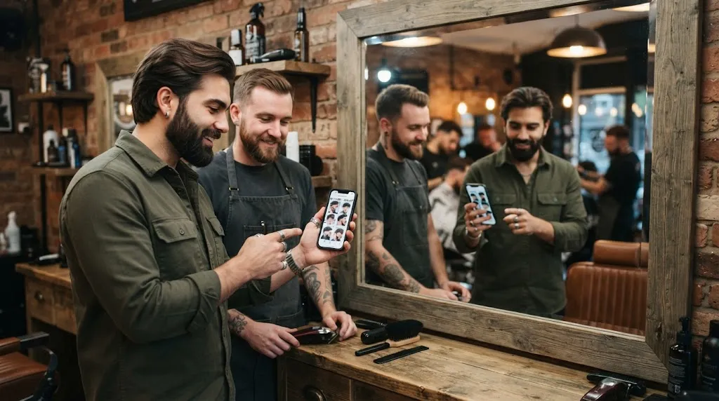 A stylish man showing haircut reference photos on his smartphone to his barber in a modern barbershop