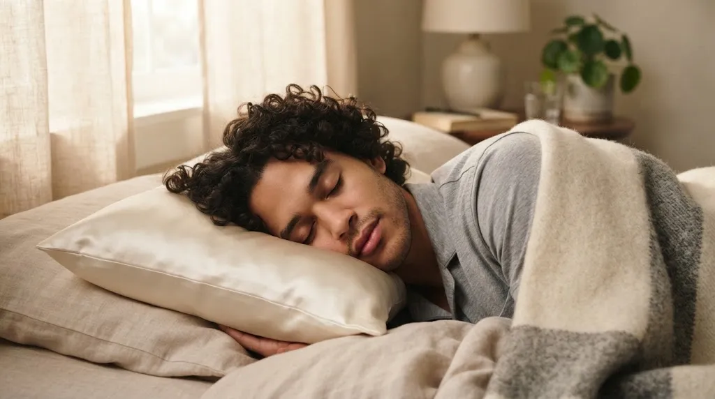 A man with curly hair sleeping peacefully on a smooth silk pillowcase using the pineapple method to protect curls.