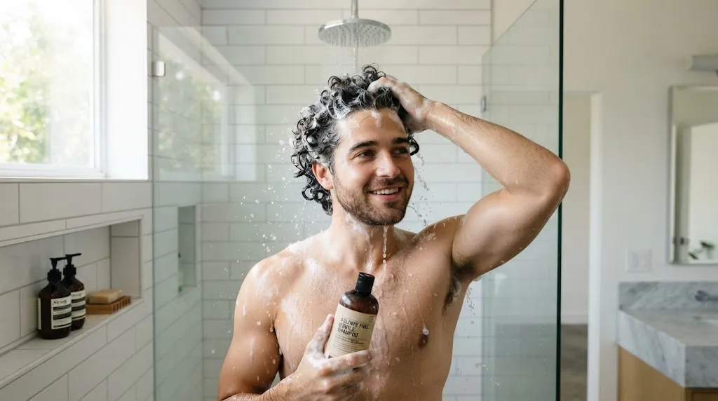 A man with curly hair properly washing his hair with gentle, sulfate-free shampoo in a modern bathroom to maintain moisture and prevent frizz.