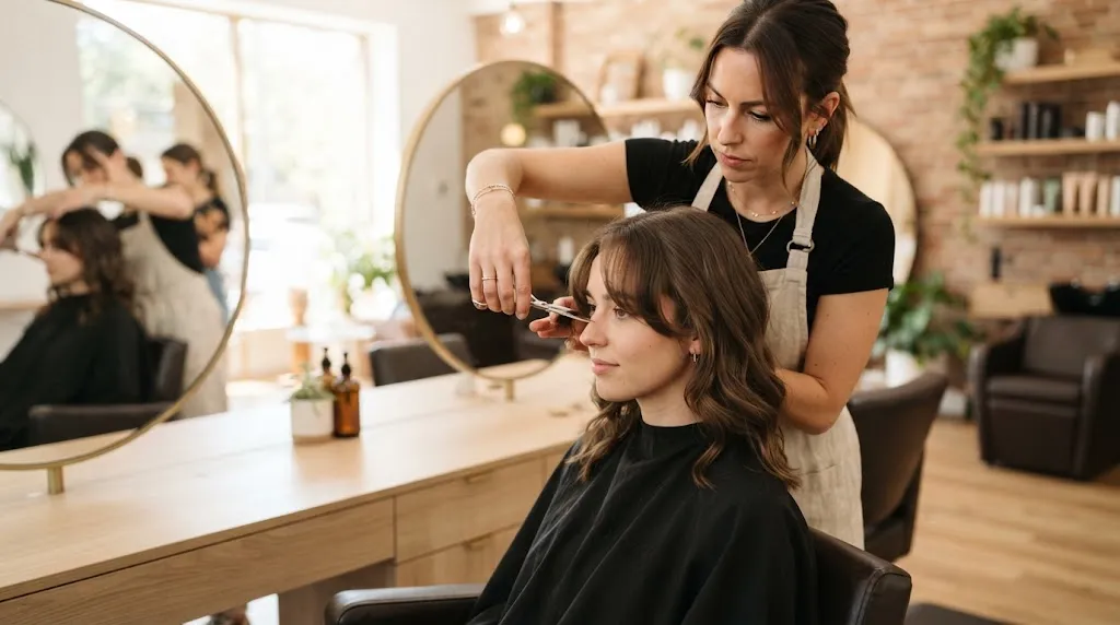 Professional hair stylist cutting hair to customize medium hairstyle for specific face shape