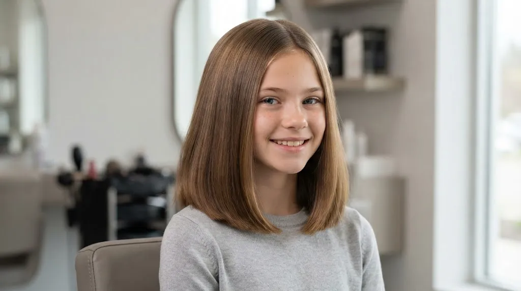 A young girl with a healthy, voluminous shoulder-length blunt lob hairstyle, emphasizing thickness and shine for fine hair.