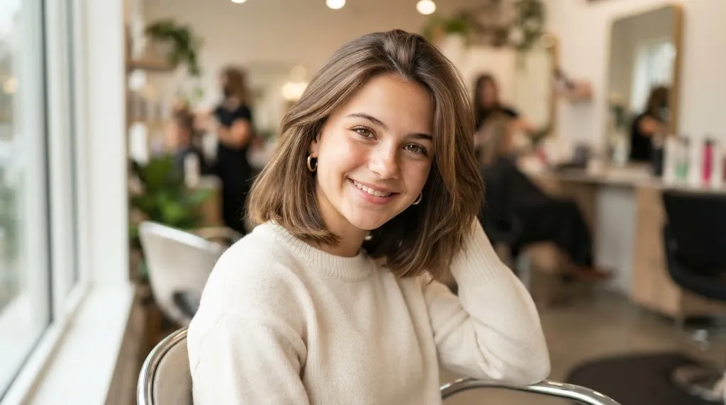 A beautiful teenage girl with a stylish, healthy shoulder-length medium haircut in 2026.