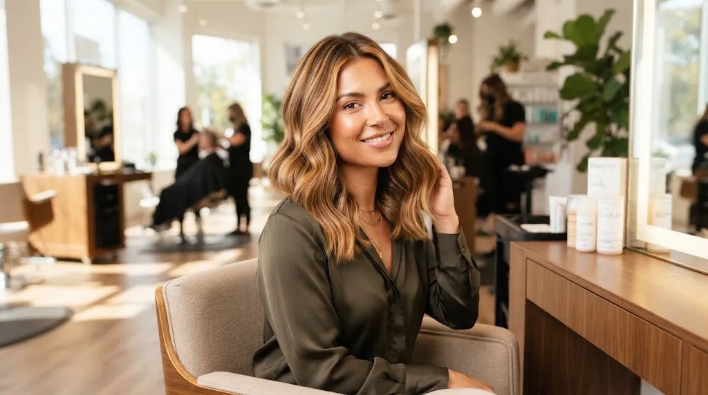 A stylish woman with gorgeous shoulder-length medium hair, soft waves, and healthy shine showcasing the best medium hair styles for women 2026.