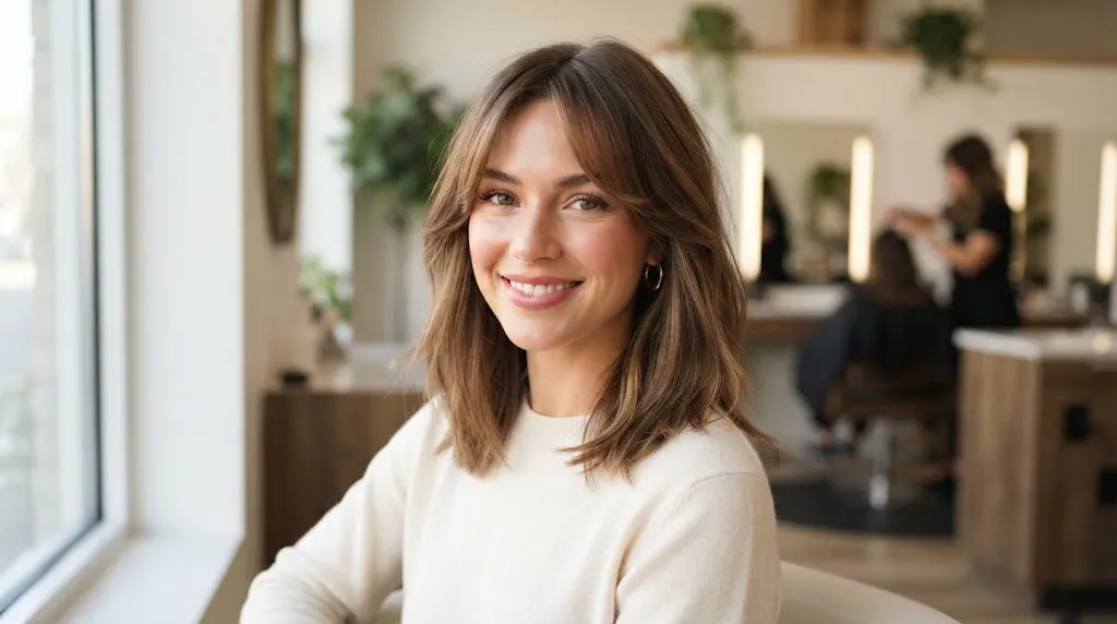 A stylish shoulder-length medium haircut with curtain bangs perfectly suited for an oval face shape