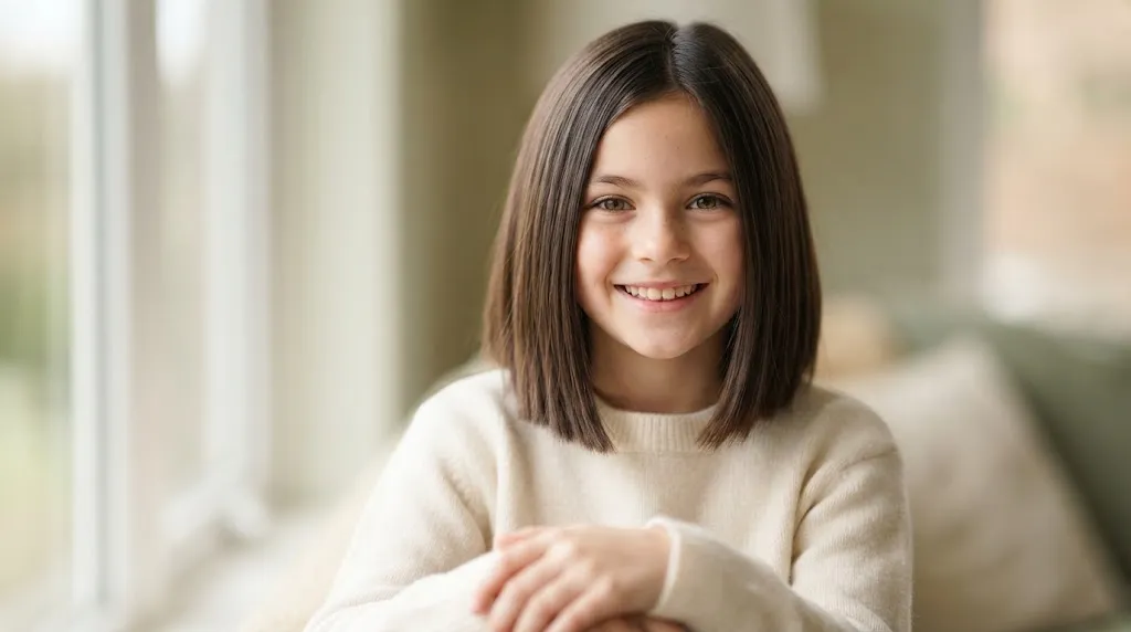 A young girl with a clean, blunt shoulder-length medium haircut.