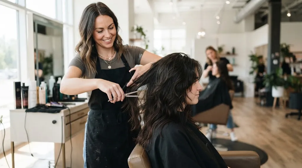 A professional hairstylist cutting thick hair to create a lightweight medium-length layered haircut