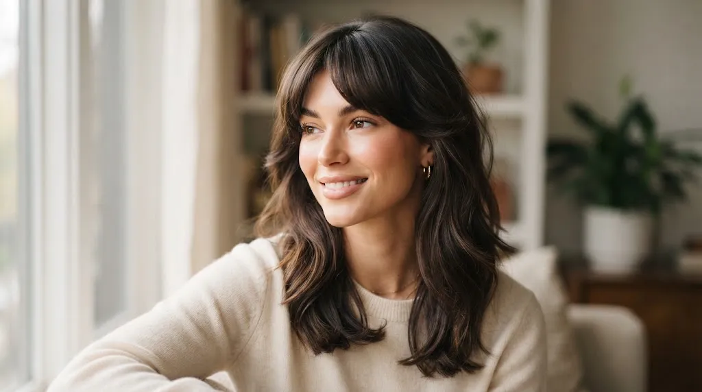 A young girl with a diamond face shape sporting a trendy shoulder-length haircut with soft perimeter layers and side-swept bangs.