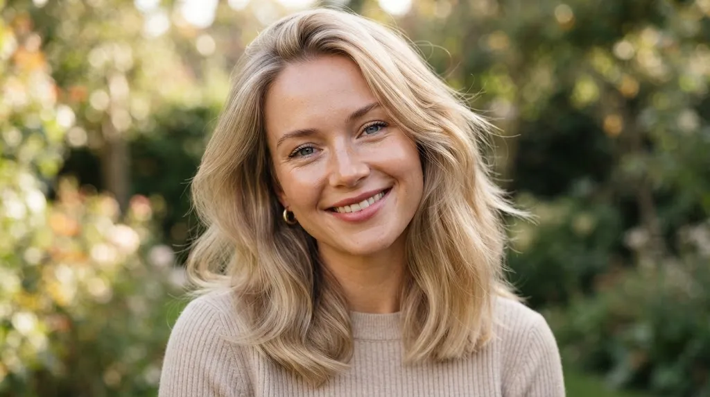 A woman with healthy medium-length fine hair styled in a shoulder-length cut showing natural volume and fullness