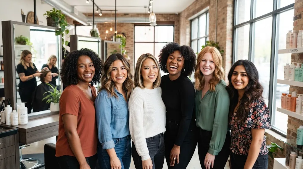 A diverse group of women with beautiful medium-length hairstyles smiling in a modern salon to help find the best haircut