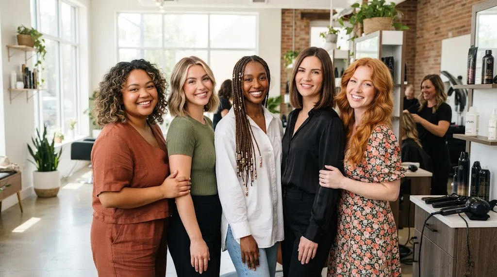 A diverse group of women showcasing medium hairstyles tailored for round, oval, square, and heart face shapes.