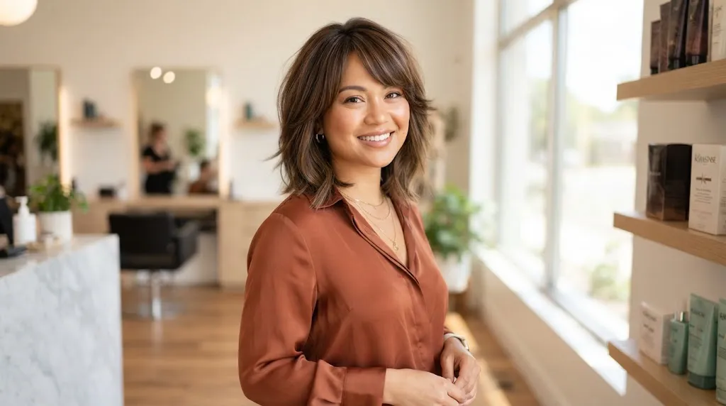 A beautiful woman showcasing a medium-length layered haircut with side bangs designed to flatter and slim a round face shape.