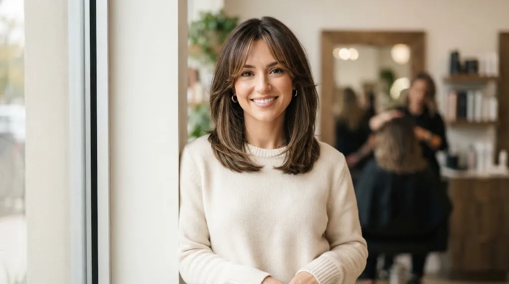 Beautiful woman with a medium-length layered haircut and curtain bangs styled for a square face shape in soft natural lighting