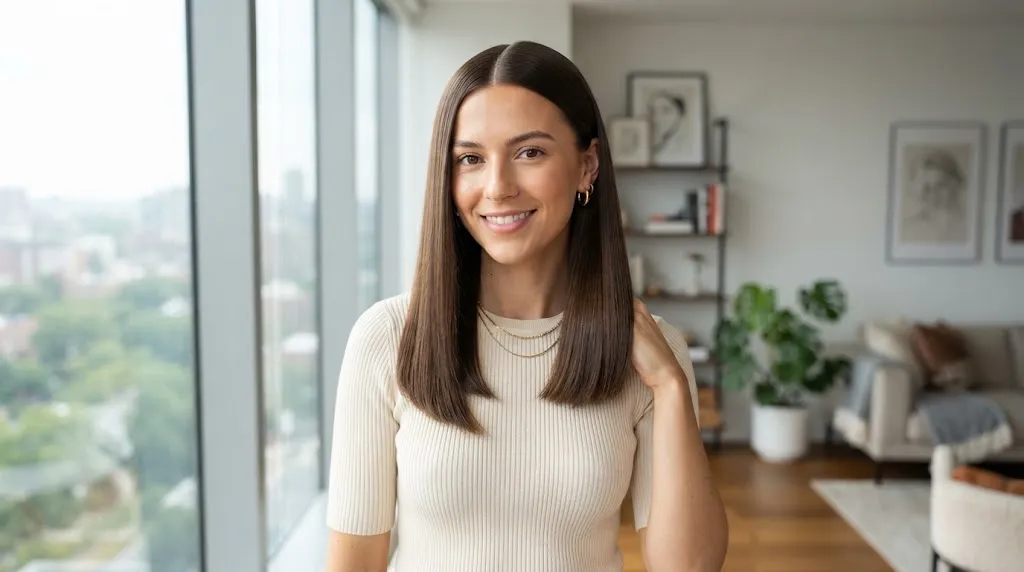 A woman with sleek, modern medium-length straight hair in a polished shoulder-length cut showing smooth texture.