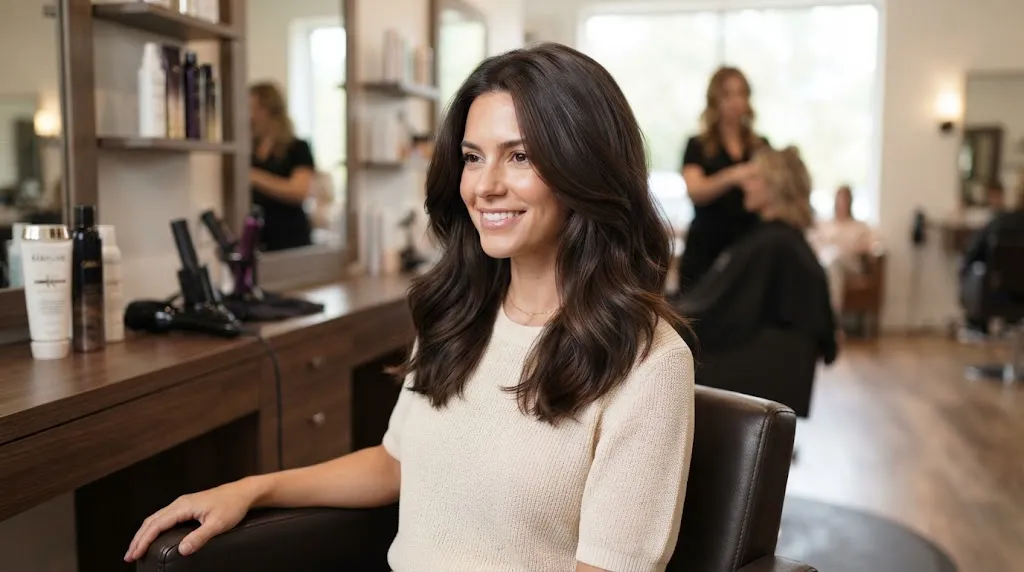 A woman with gorgeous, well-managed medium-length thick hair showing soft layers and natural texture.
