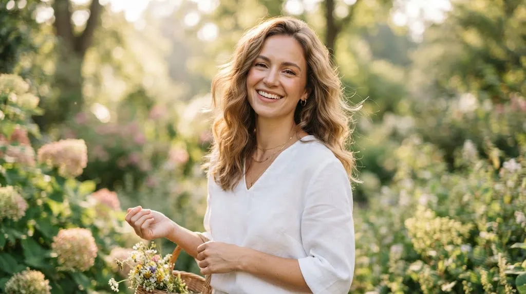 A woman with gorgeous, textured medium-length wavy hair outdoors in soft natural sunlight