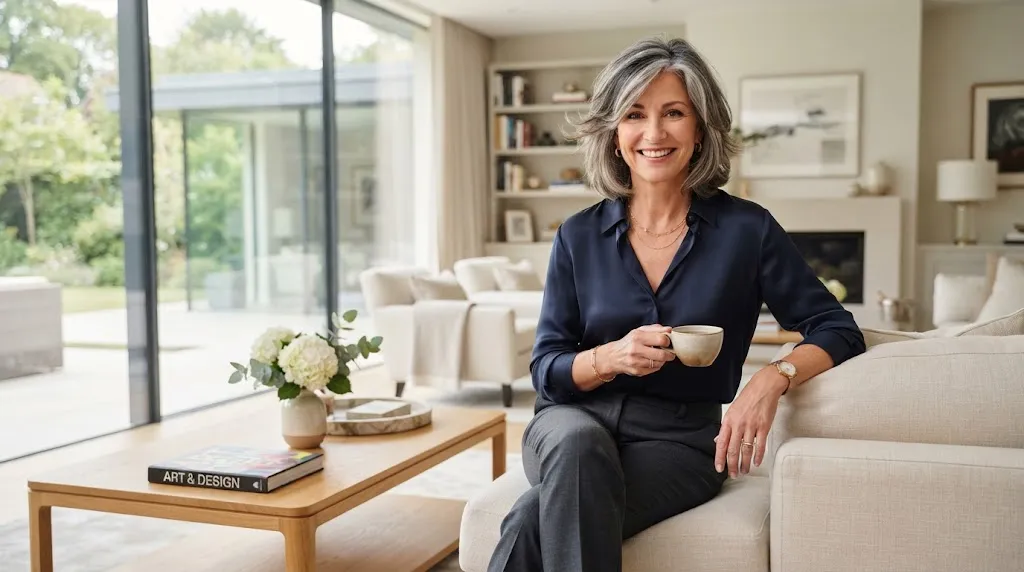 A sophisticated mature woman with a stylish medium-length layered haircut and soft face-framing volume, perfect for women over 40, 50, and 60.