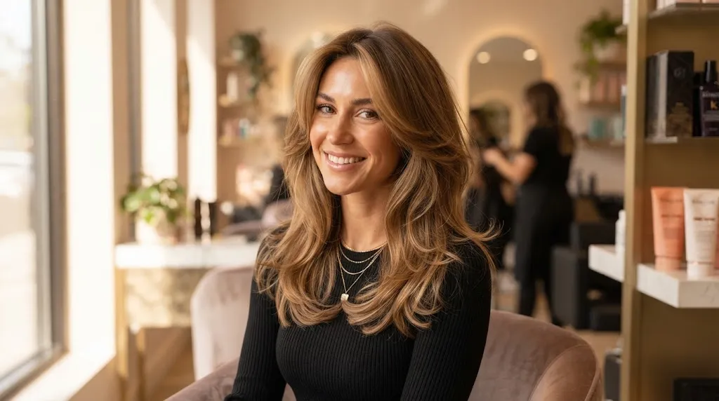 A beautiful woman showcasing a stylish medium layered haircut with shoulder-length soft waves and face-framing texture.