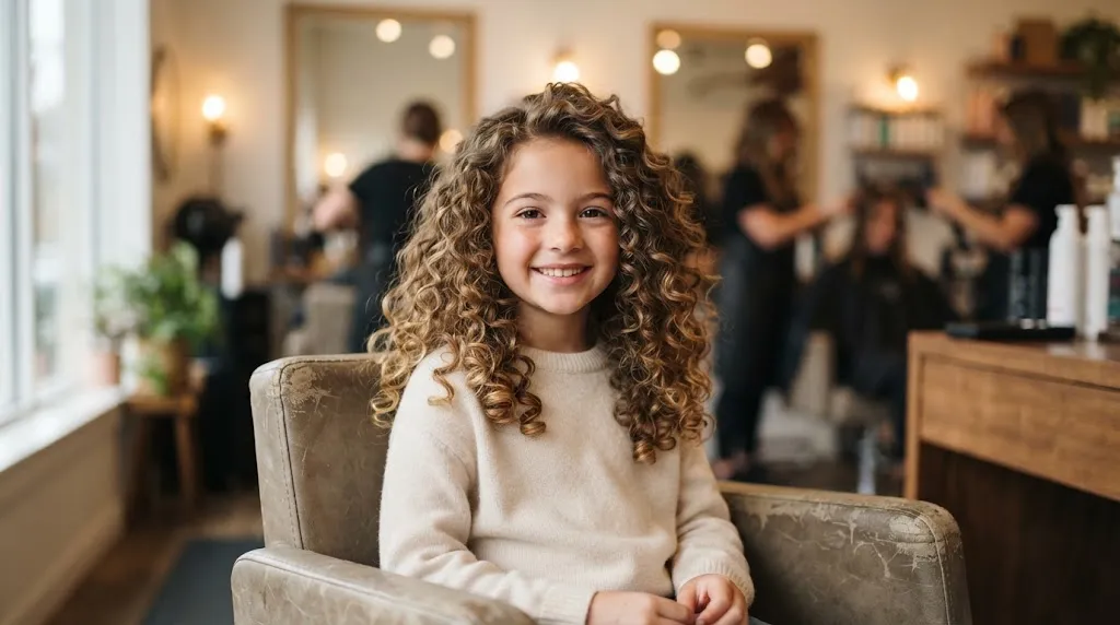 A girl with a beautiful shoulder-length curly hair cut, featuring defined healthy curls and a rounded silhouette.