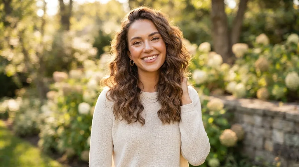 A woman with beautifully styled medium-length wavy hair and defined curls showing a controlled and polished look