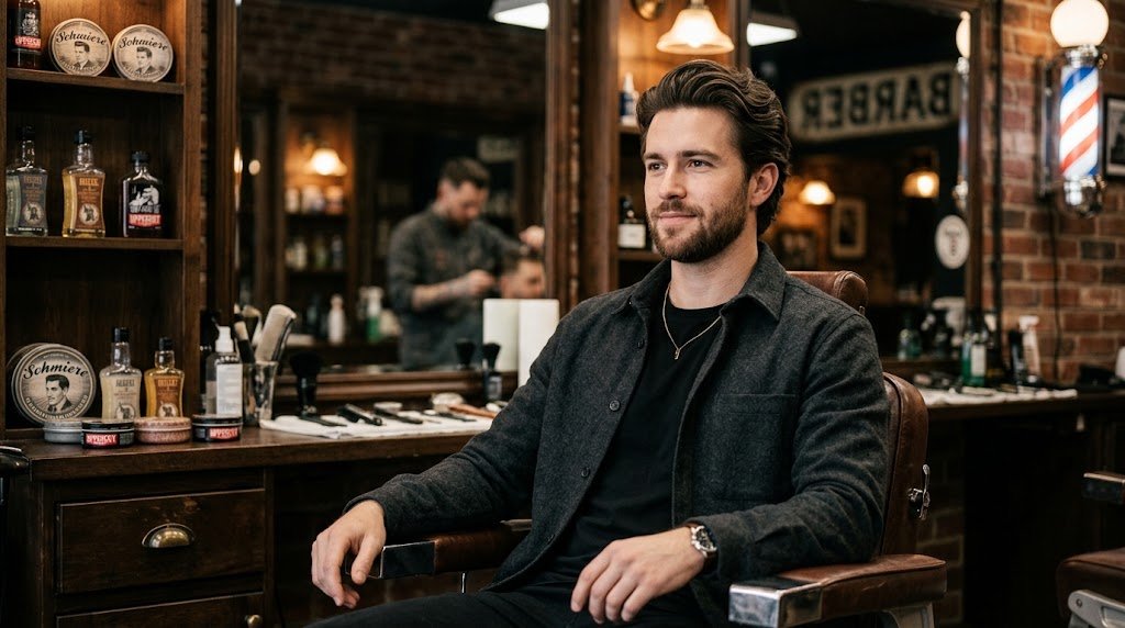 A well-groomed modern man showcasing a stylish medium-length hairstyle with natural wavy texture in a modern barber shop settings.
