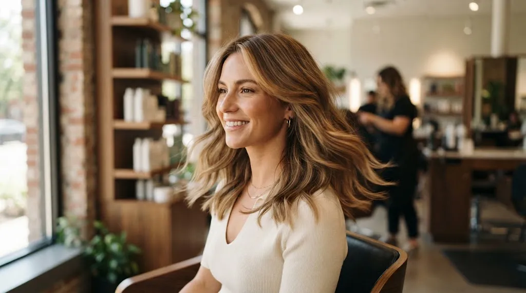 A person with a flattering medium-length layered haircut showing soft texture and movement for a square face shape