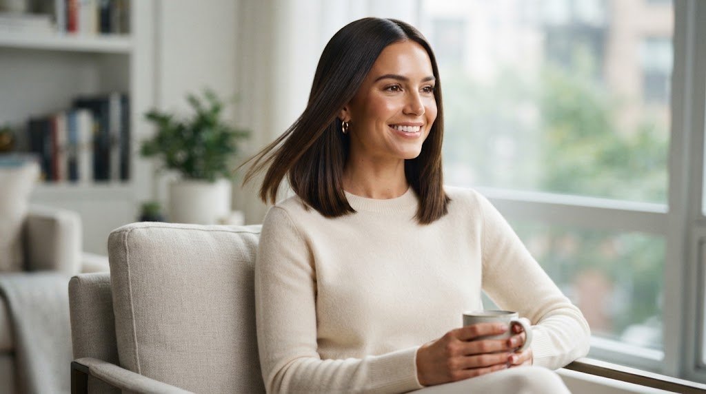 A woman with a sleek, medium-length straight collarbone-grazing lob, high-shine healthy finish, professional lifestyle photography