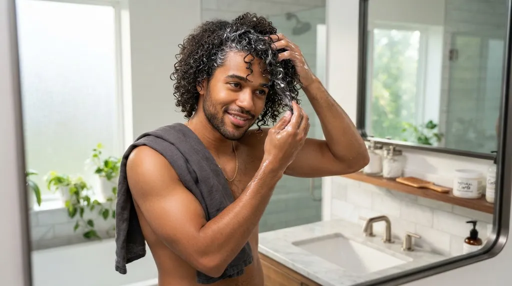 Man with well-defined curly hair carefully applying deep conditioner in a bright bathroom to maintain moisture and prevent frizz.