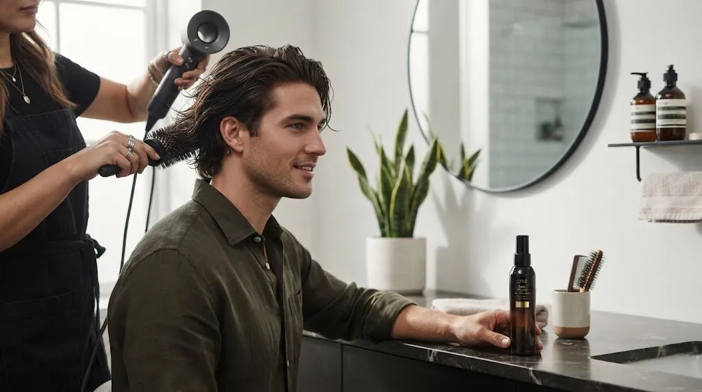 Man using heat protectant spray and hair dryer for professional medium length hairstyle