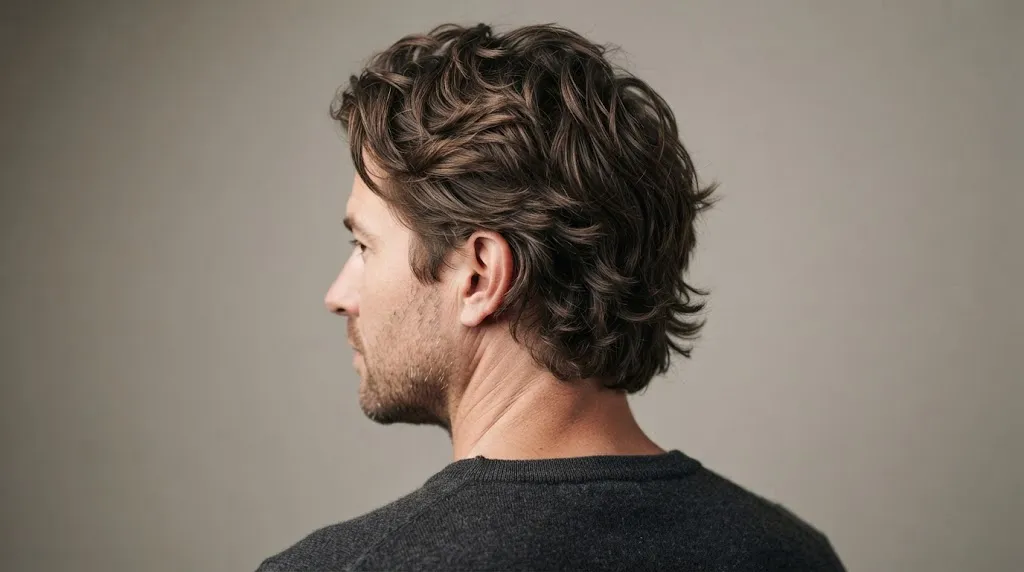 Professional shot of a man's medium-length hair with natural textured volume and a matte finish.