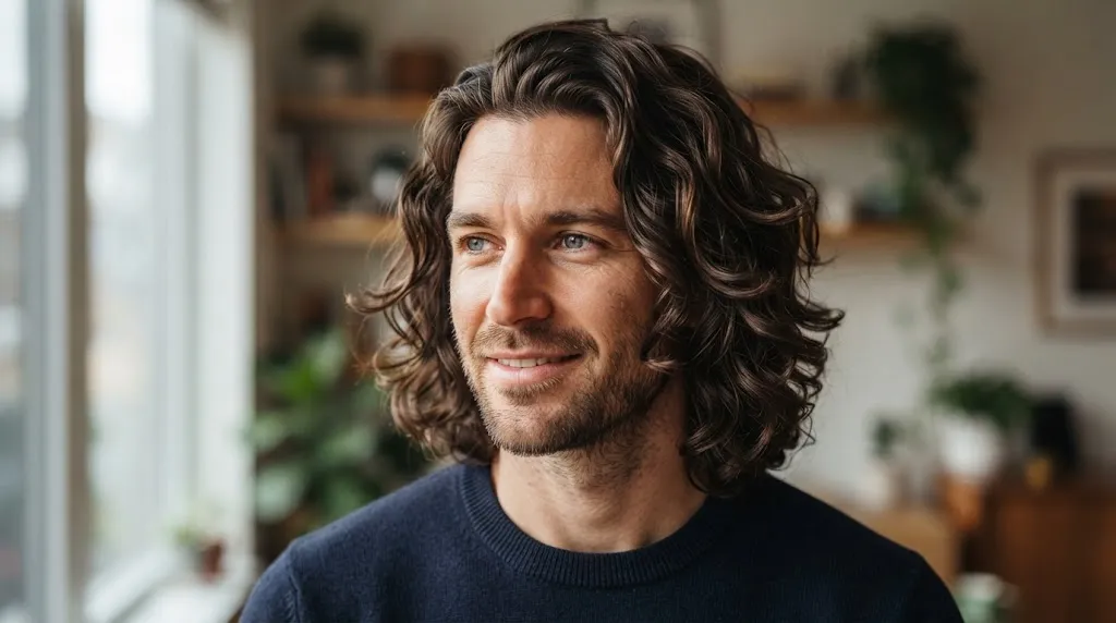 A close-up view of a man's healthy, natural medium-length wavy hair showcasing distinct S-shaped wave patterns and volume.