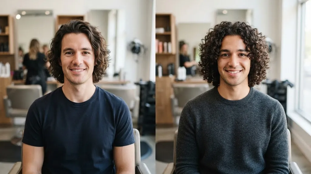 Side-by-side comparison of men’s wavy hair with S-shaped patterns and curly hair with tight spirals to show texture differences.