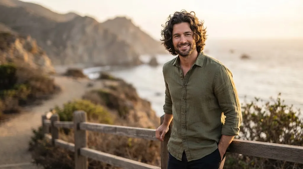 Close-up of a man with natural, healthy wavy hair showing soft S-shaped volume and texture