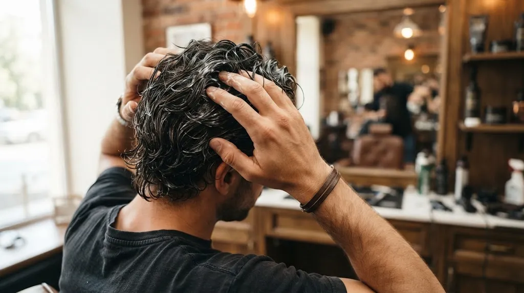 A man applying a nourishing leave-in product to his damp medium-length hair as part of a professional grooming and hair care routine.