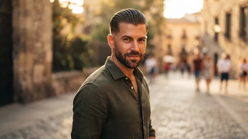 A confident man showcasing a clean, professional slicked-back hairstyle with directional flow away from the face.