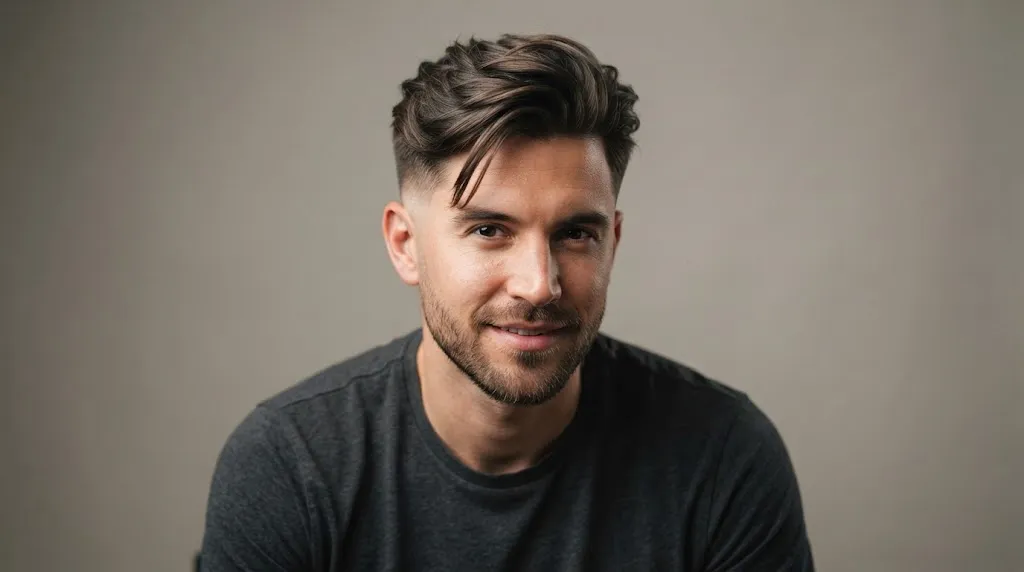 A man with an oblong face shape wearing a medium-length textured sweep hairstyle with a low-to-mid fade to add width.