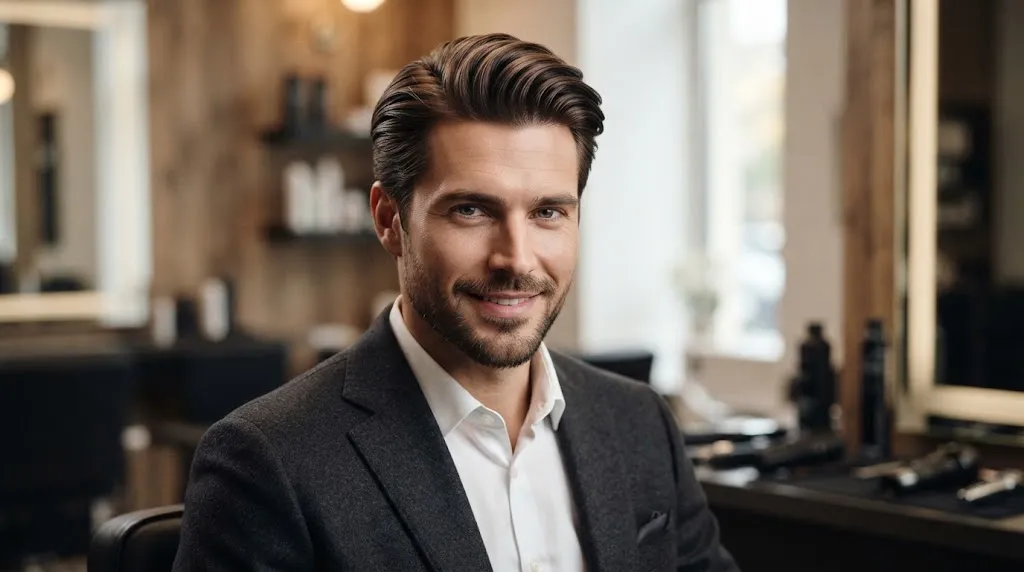 A man with neatly groomed straight hair styled in a sleek back-swept hairstyle for a professional look.