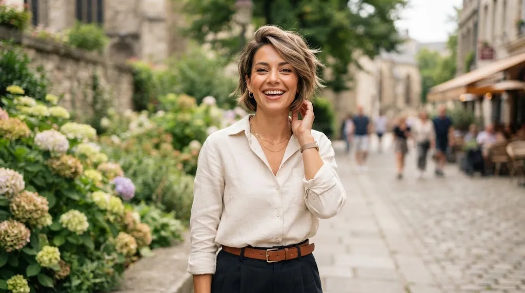 A stylish woman with a modern textured bixie haircut smiling outdoors, ideal for square face shapes.
